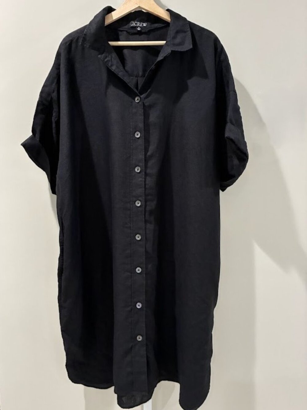 J.CREW 100% Linen Button Front Midi Shirtdress Black Oversized Short Sleeve 3X
